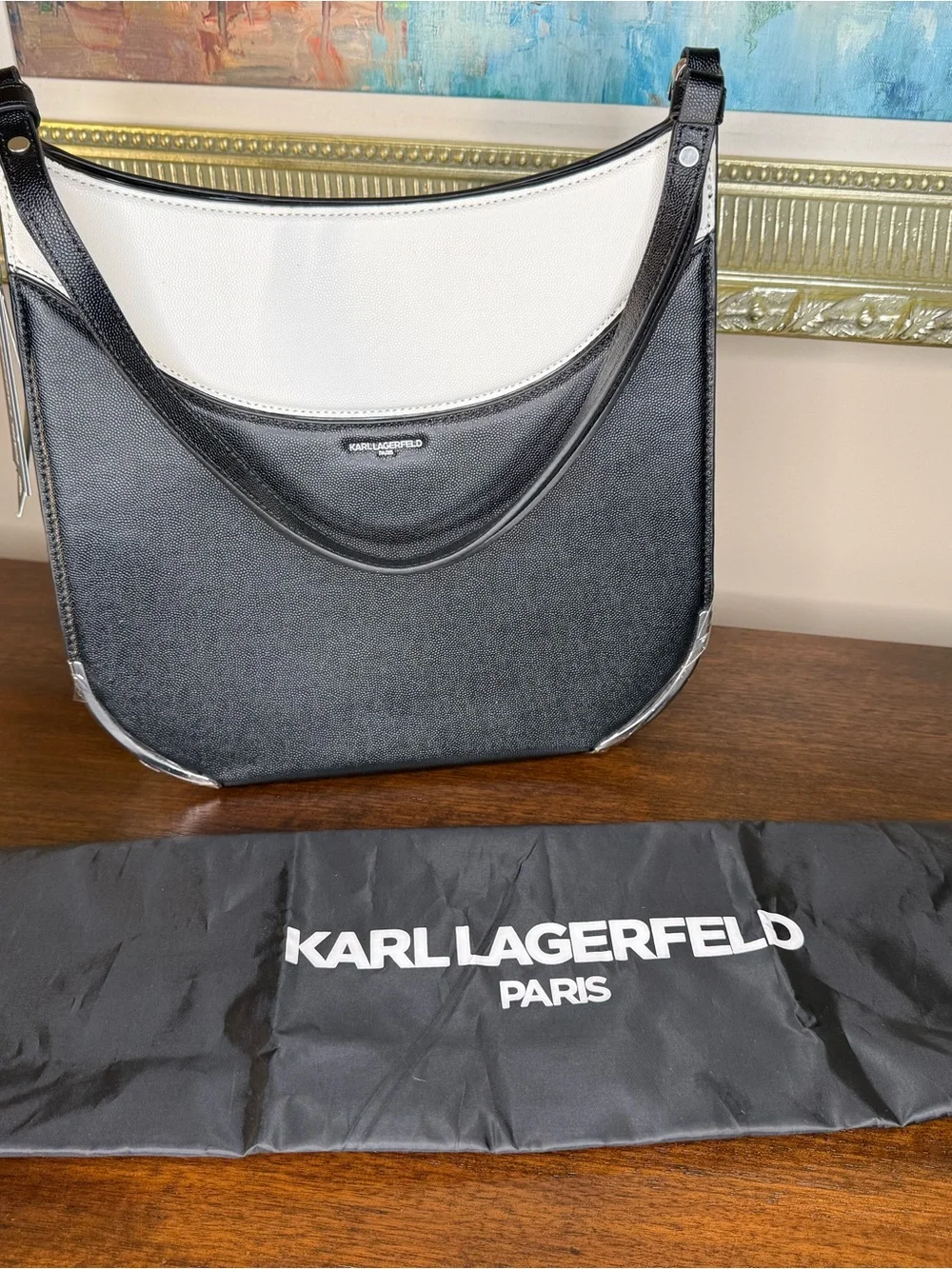 Karl Lagerfeld Black and White Two-Tone Structured Leather Hobo Shoulder Bag